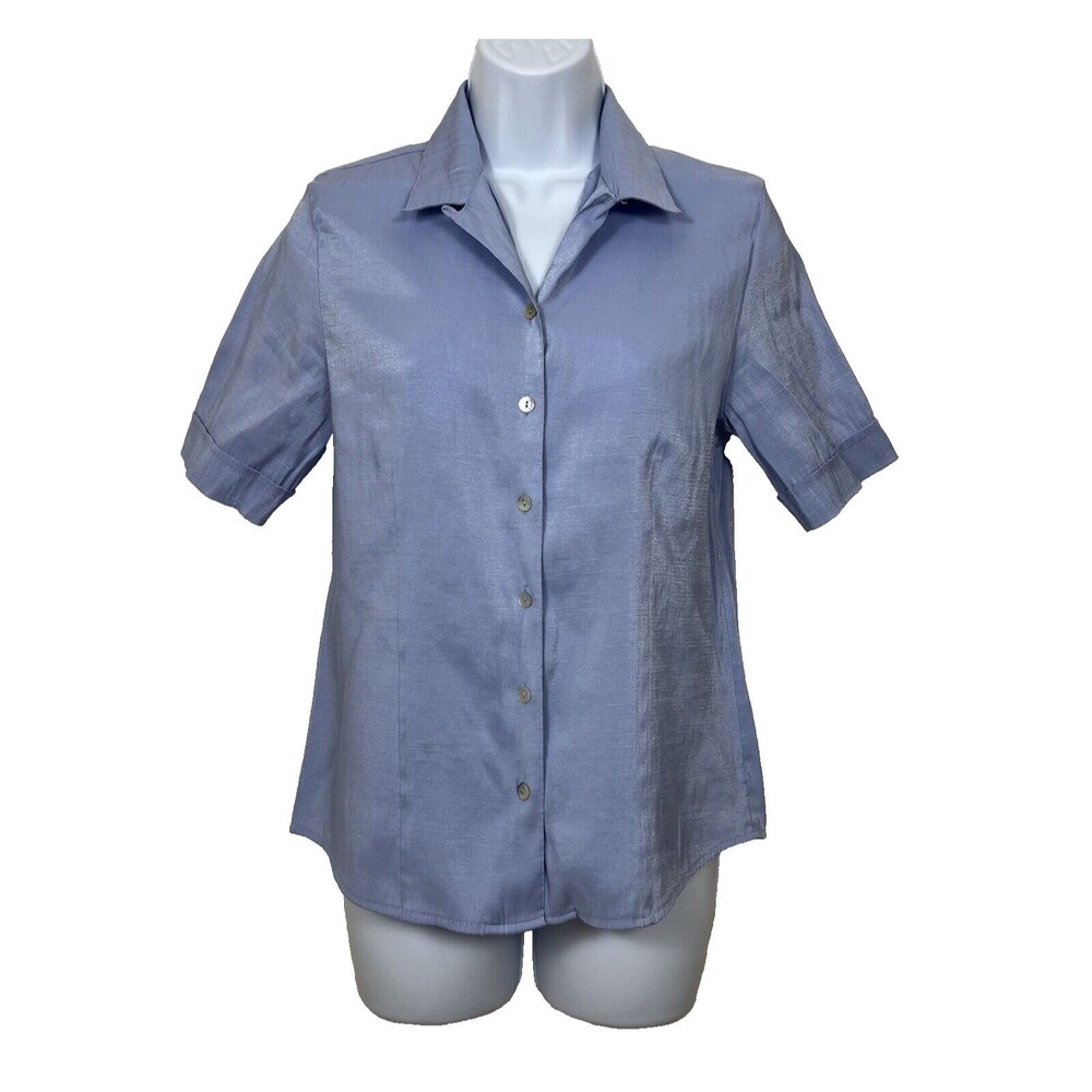 Karen Scott Shirt Womens S Blue Rayon Blend Button Up Short Sleeve Career Top